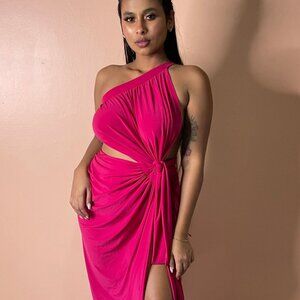 New NWOT J.Angelique Disa Dress in Fuschia pink maxi wrap backless split hem